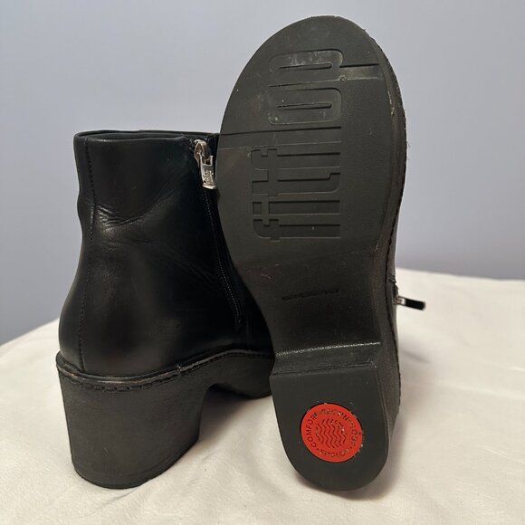 Fitflop Women's Pilar Leather Ankle Boots 7 Black Platform Chunky Heel Booties - Picture 6 of 11